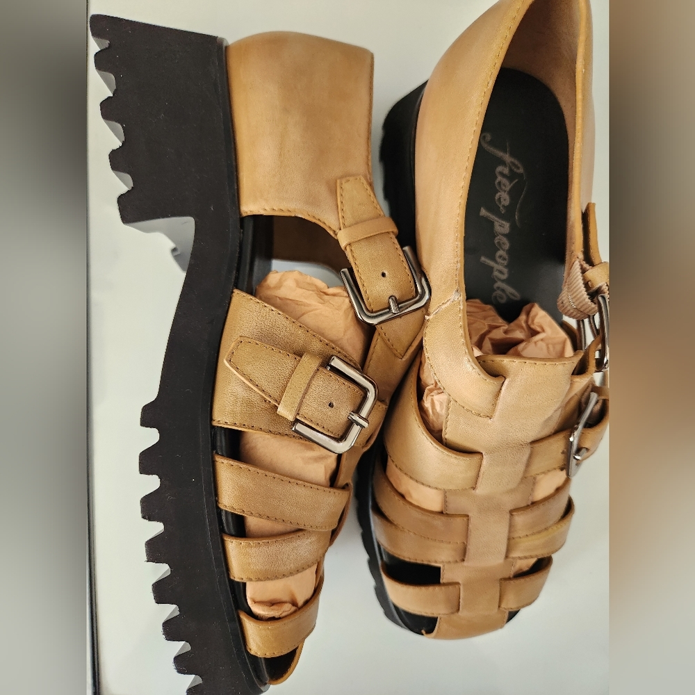 Free People Tan Woven Leather Platform Sandals - Picture 4 of 10